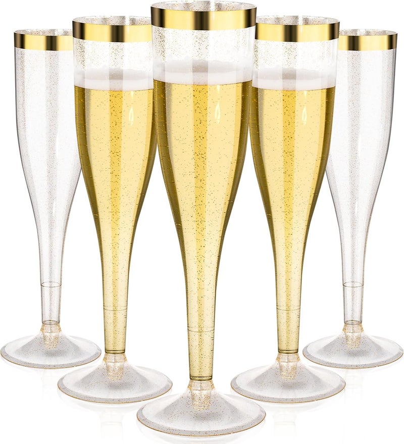 Goodluck 36 Pack 6.5 oz Plastic Gold Glitter Champagne Flutes with Gold Rim, Disposable Champagne Toasting Glasses for Wedding, Engagement, Party, Mimosa Bar - Image 1
